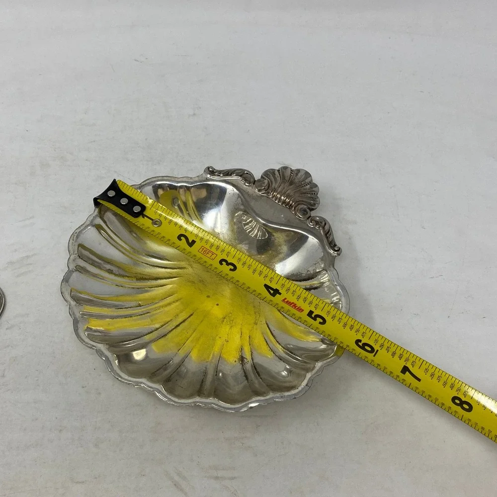 Vintage Silver Tone Scallop Shell Trinket Dish Set of 2 Footed Catchall 6in